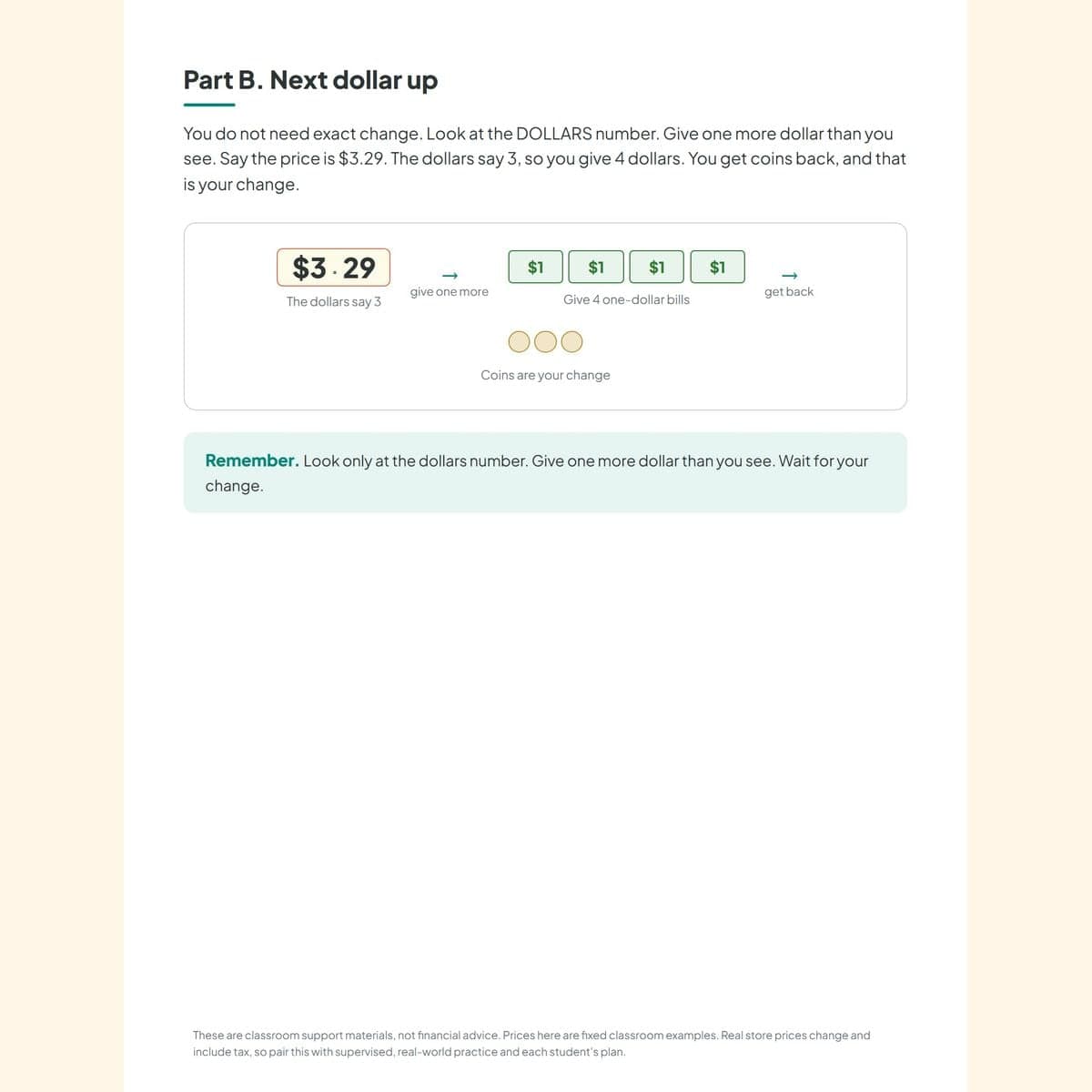 The next-dollar-up lesson page included in the free grocery math sample