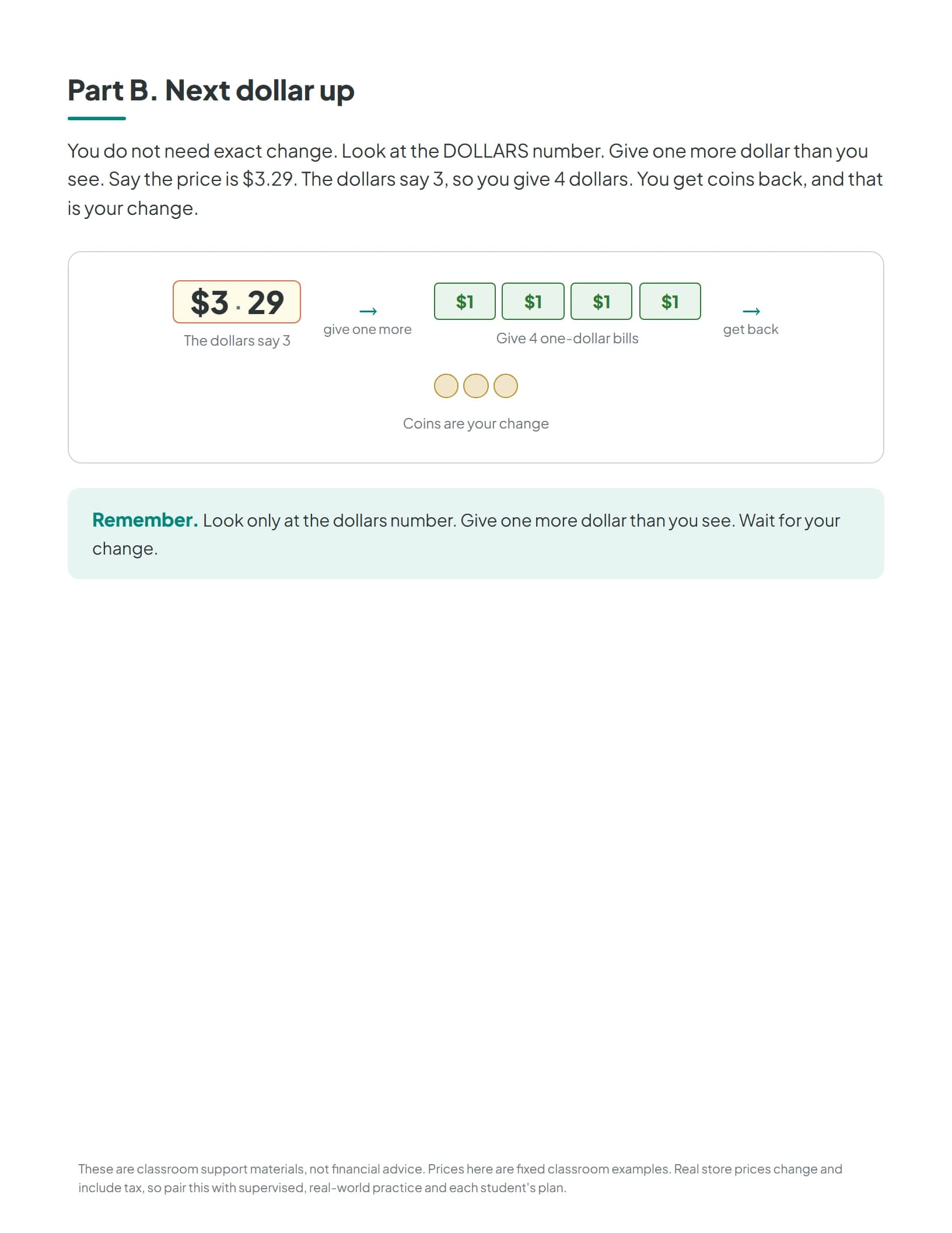 The next-dollar-up lesson page included in the free grocery math sample
