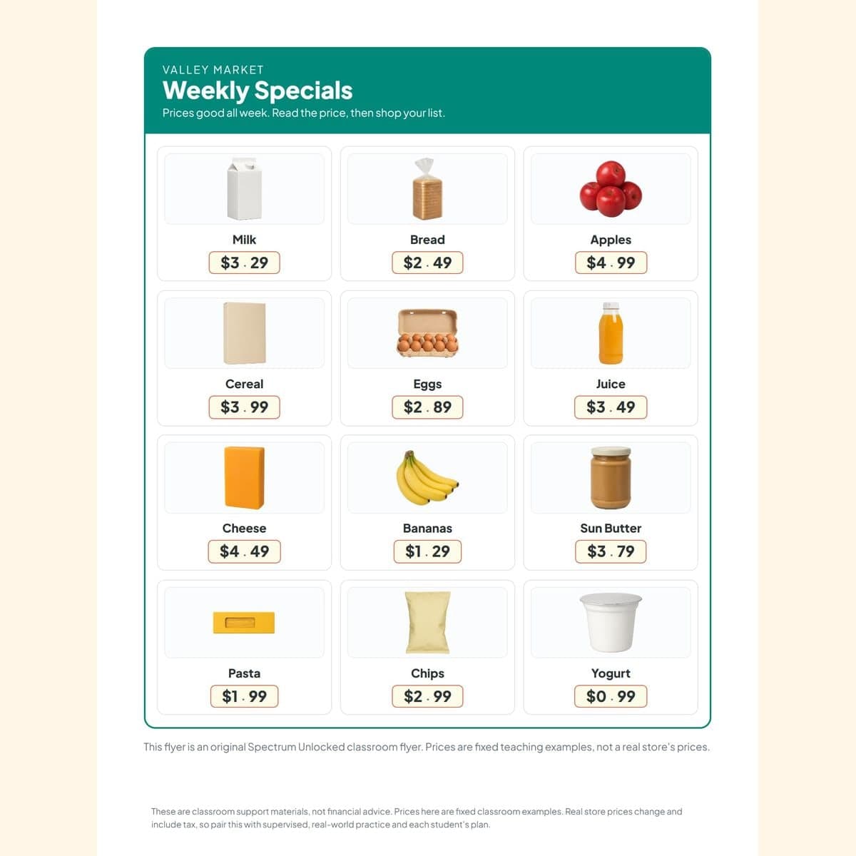 The original Valley Market weekly specials flyer with twelve grocery items and prices