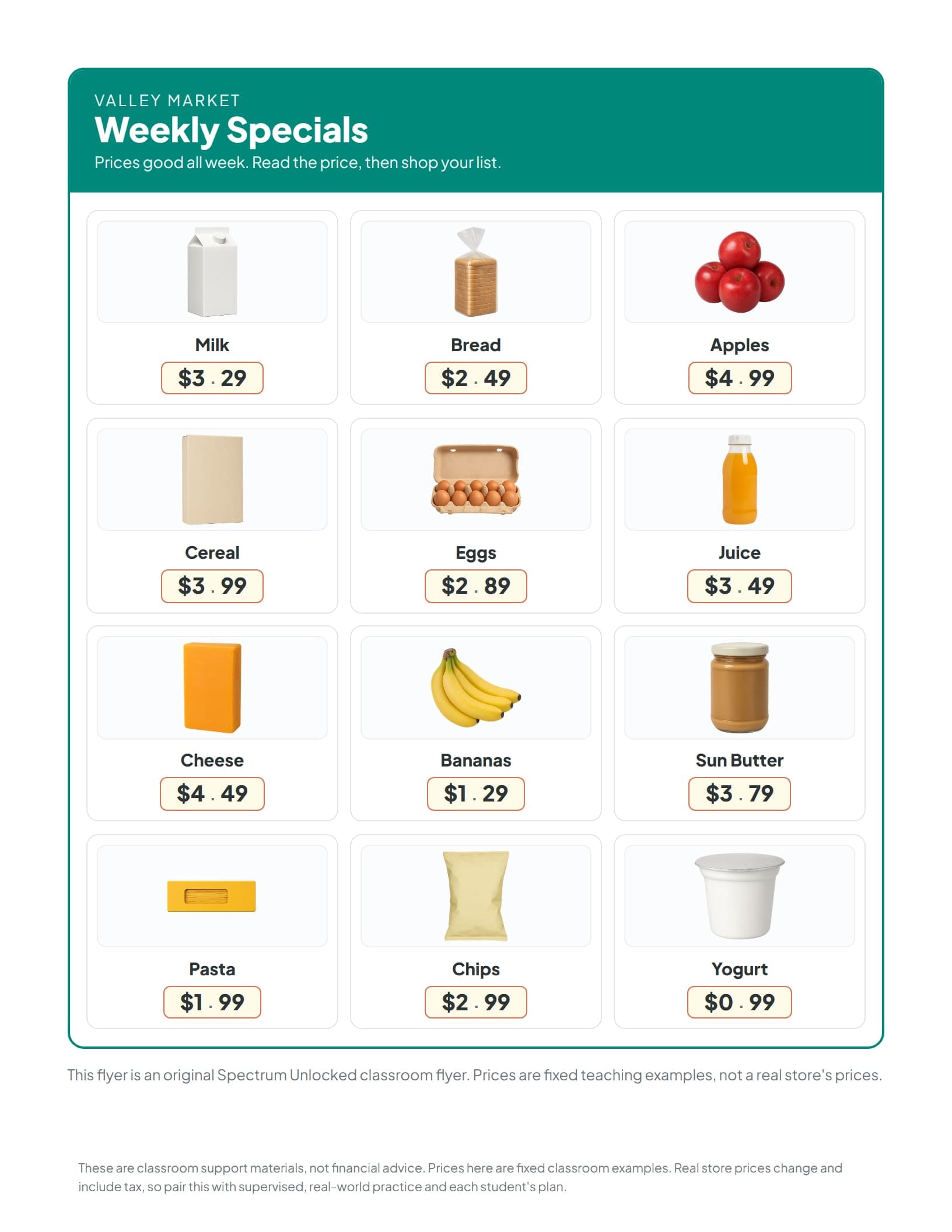 The original Valley Market weekly specials flyer with twelve grocery items and prices