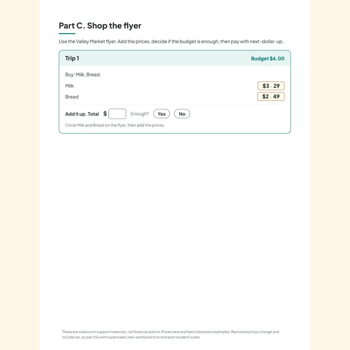 A shopping trip worksheet where students add prices, decide if the budget is enough, and pay with next-dollar-up