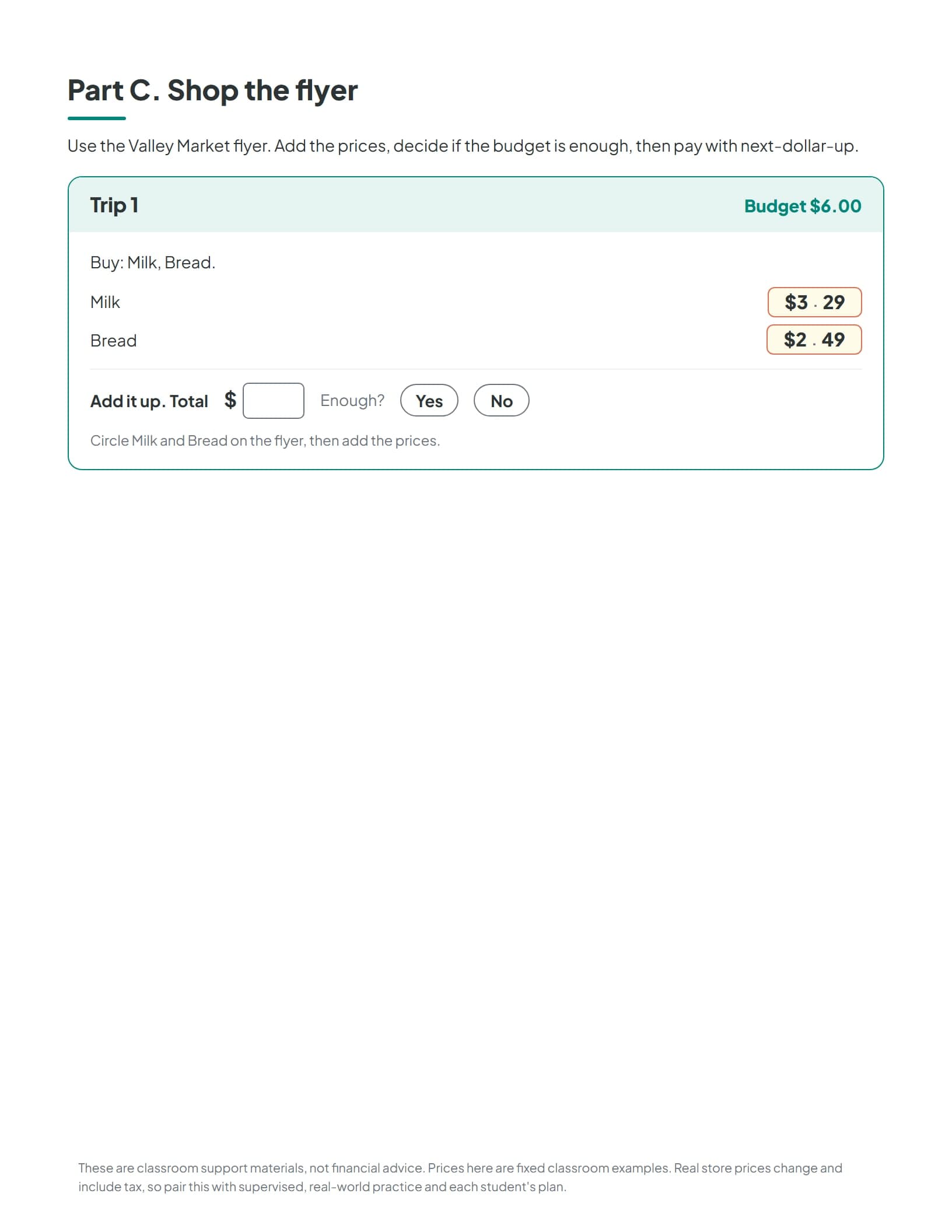 A shopping trip worksheet where students add prices, decide if the budget is enough, and pay with next-dollar-up