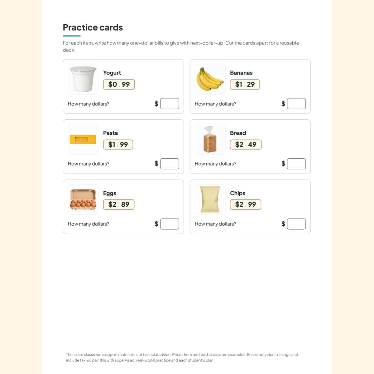 Next-dollar-up practice cards, each with a grocery photo, its price, and a how-many-dollars box