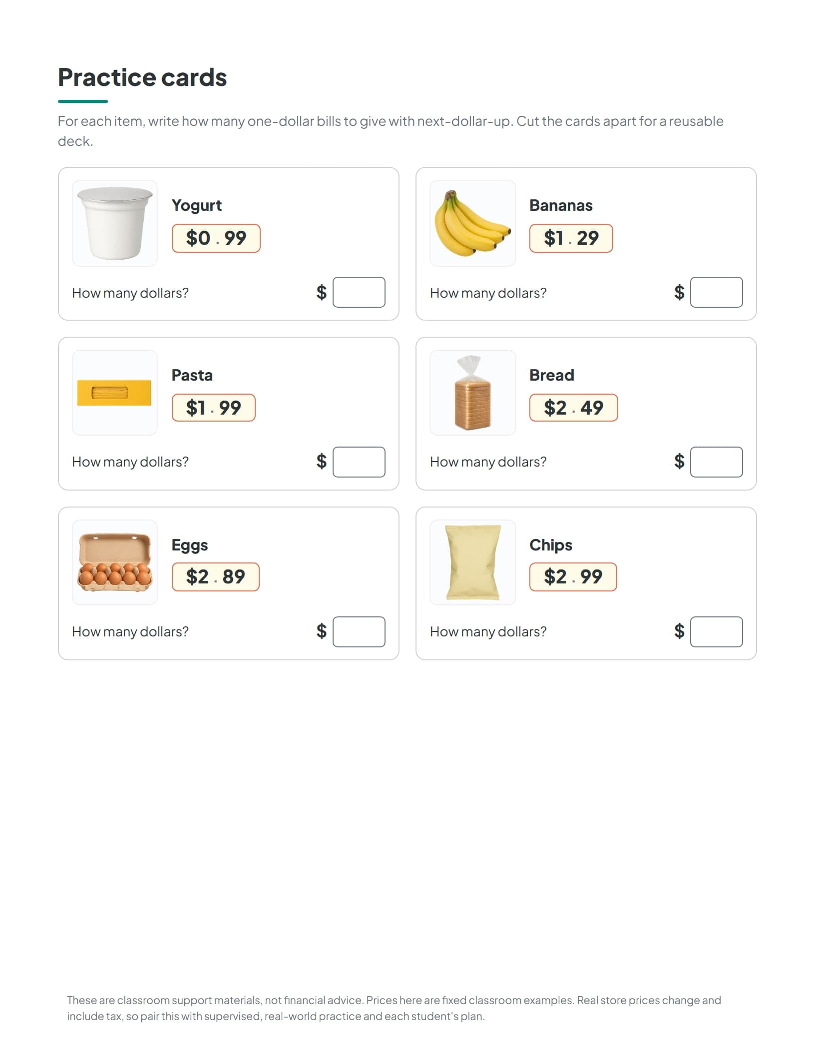 Next-dollar-up practice cards, each with a grocery photo, its price, and a how-many-dollars box