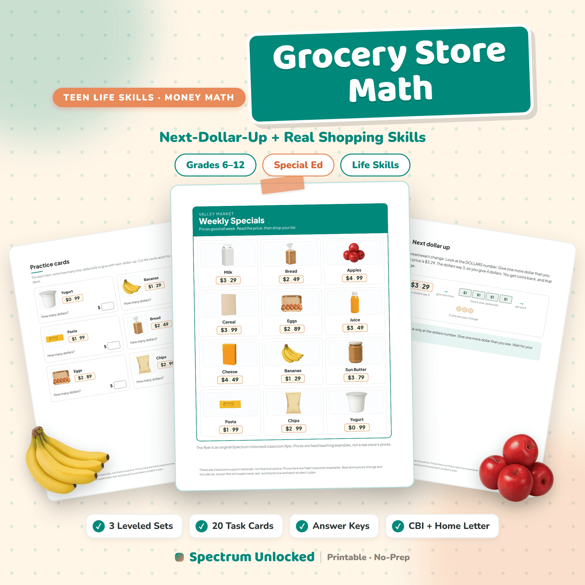 Grocery Store Math cover, next-dollar-up and real shopping skills, with three leveled sets and thirty task cards