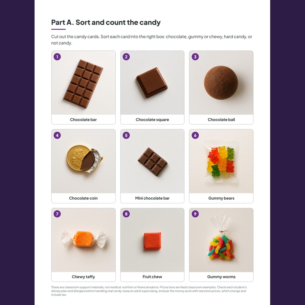 The candy sort and count cards laid out across the four category boxes