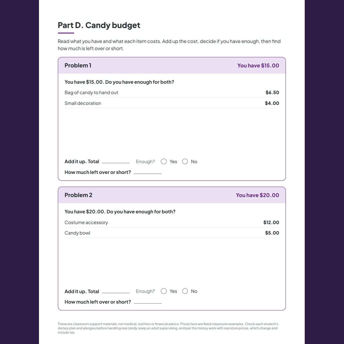 A fair-trading scenario card with its choices and a candy-budget word problem