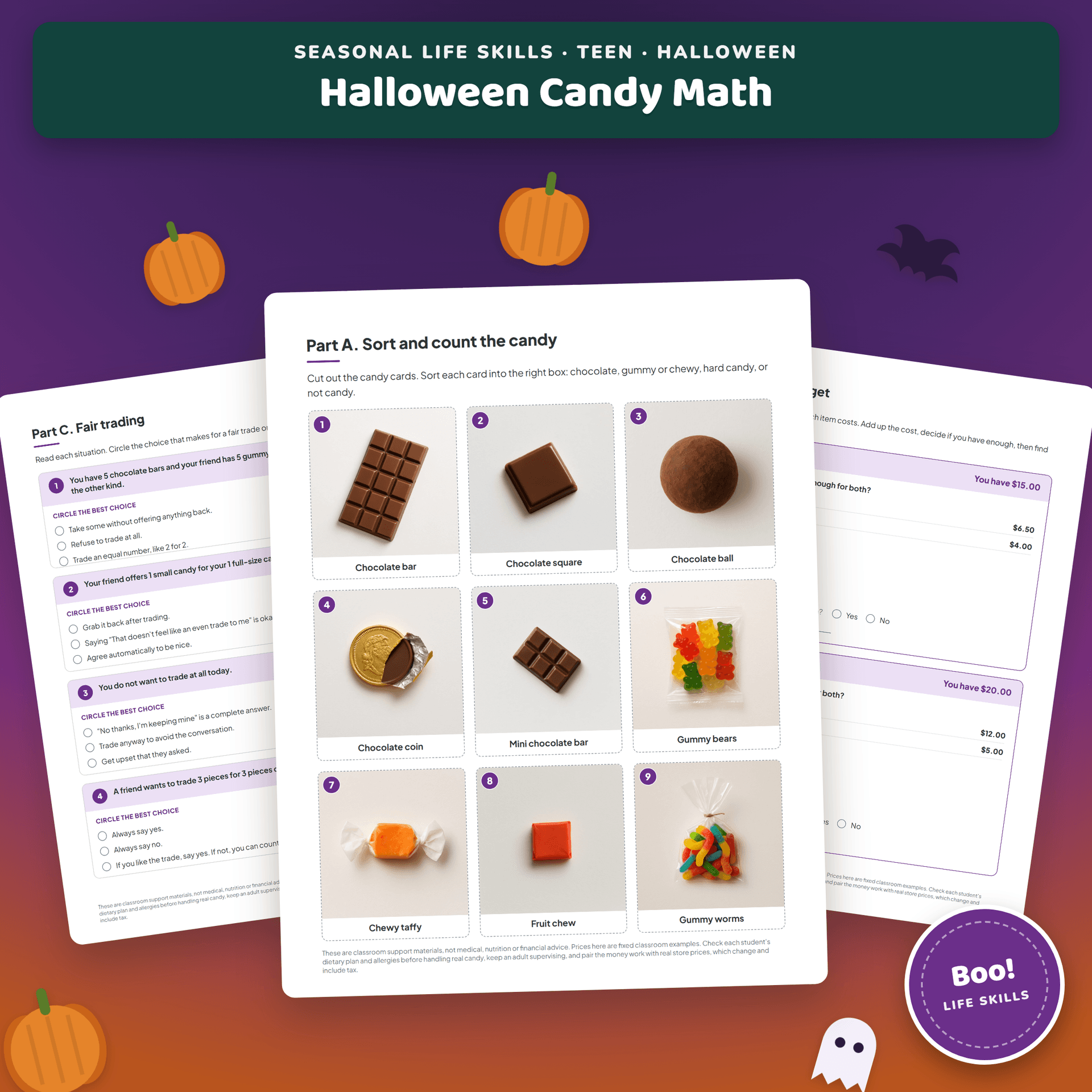 Halloween Candy Math cover, showing a small pile of wrapped candy beside a friendly carved pumpkin