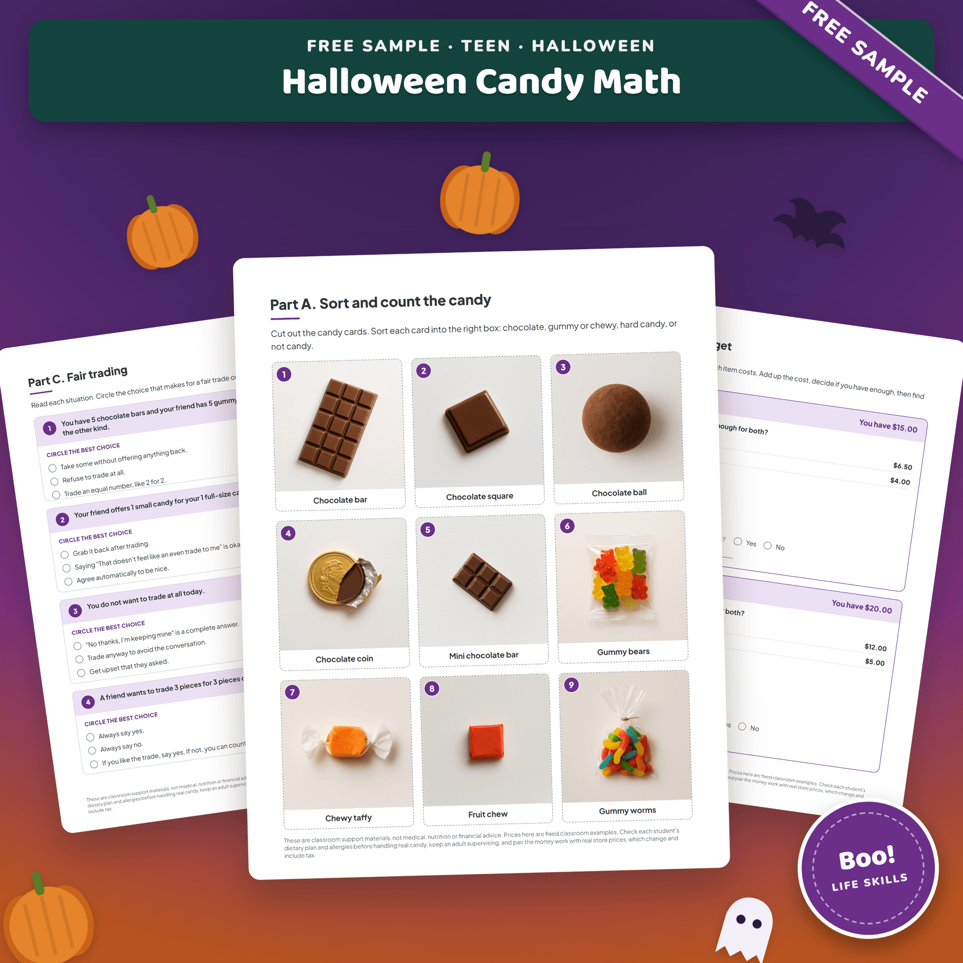 Free Halloween Candy Sorting and Counting sample cover, showing candy sort cards