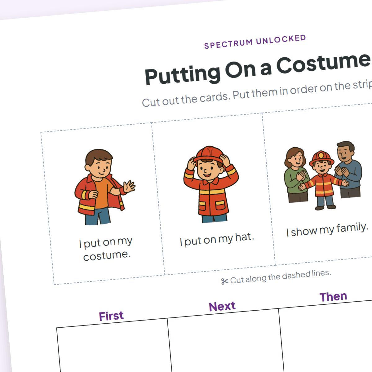 Putting On a Costume sequencing sheet, four mixed-up picture cards above a First, Next, Then, Last strip