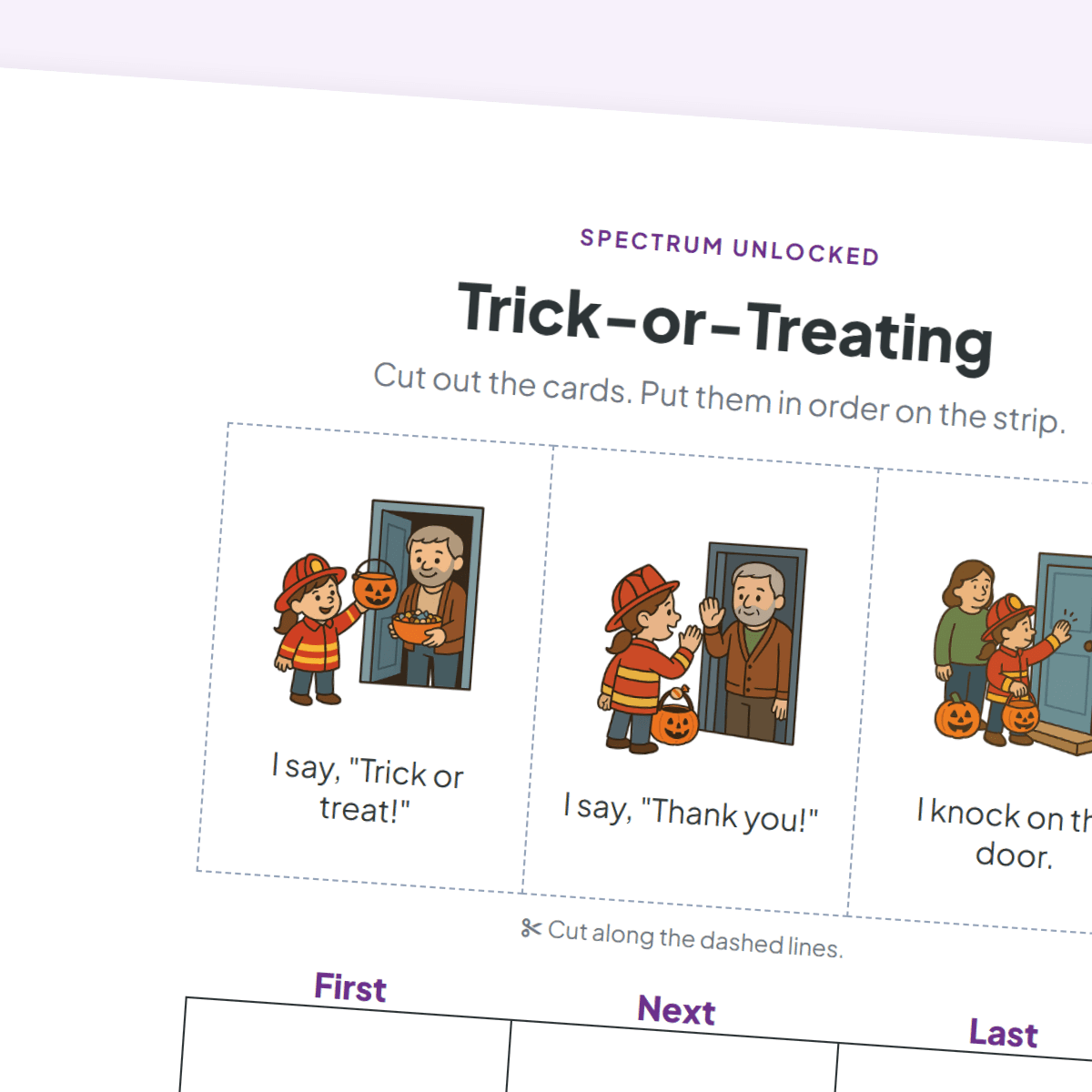 Gentle 3-step Trick-or-Treating sheet with three picture cards and a First, Next, Last strip
