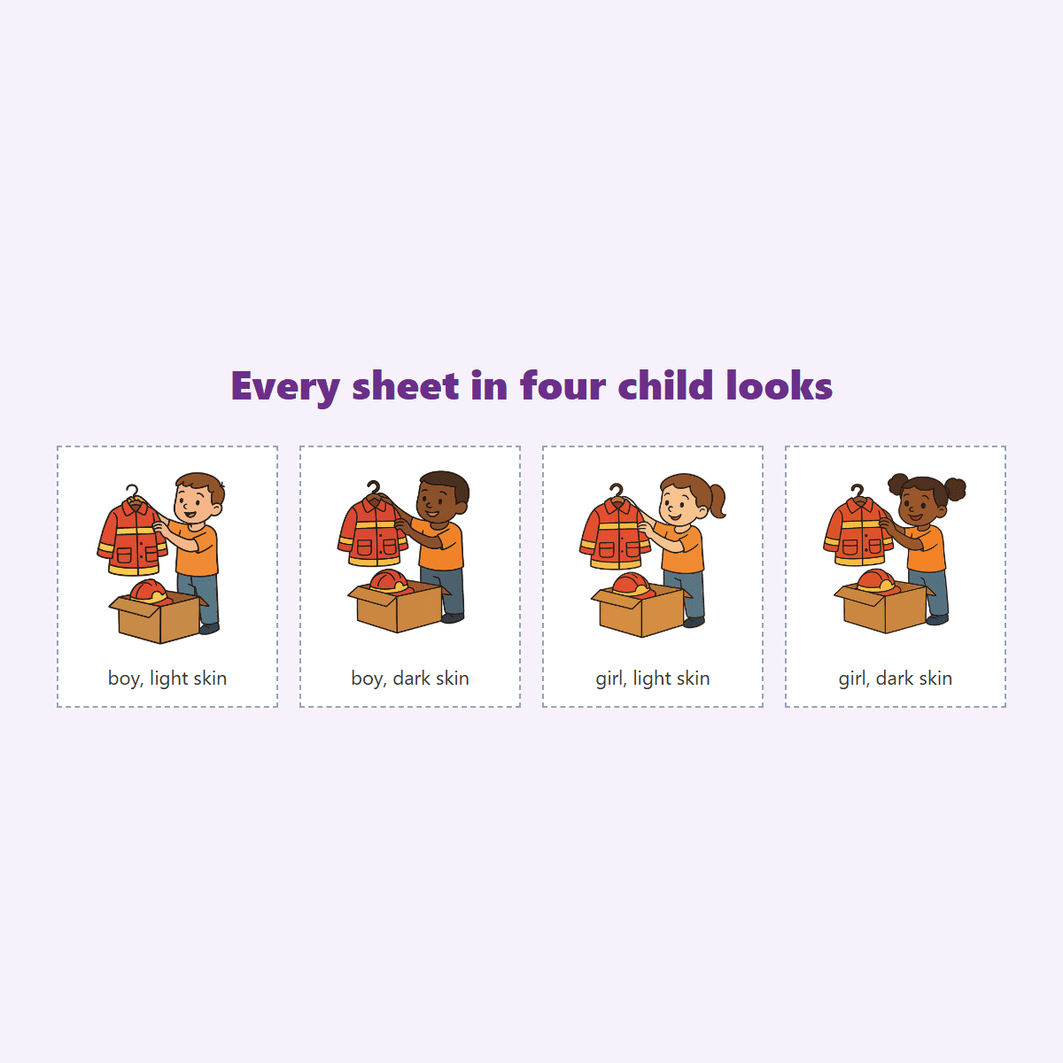 The same picture card in all four child looks: boy, light skin; boy, dark skin; girl, light skin; girl, dark skin