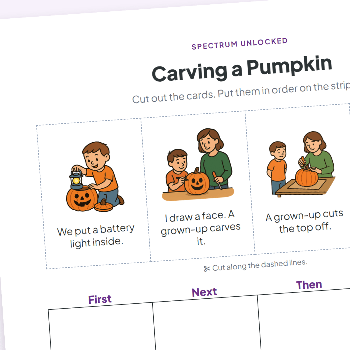 The carving a pumpkin sequencing sheet from the free sample
