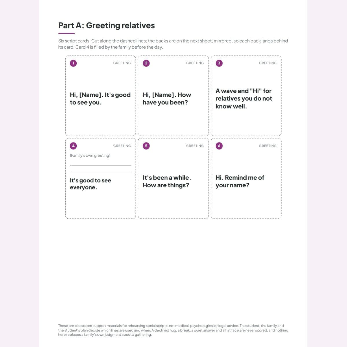 The greeting script card sheet, six cards including the family-filled blank over its fallback line