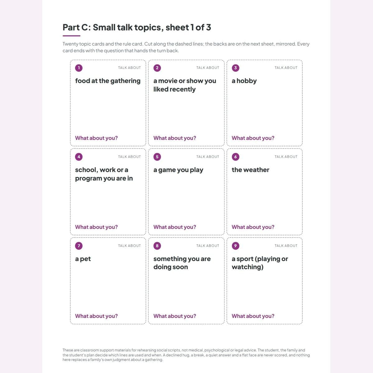 A sheet of small-talk topic cards from the free sample, each ending with the turn-taking question