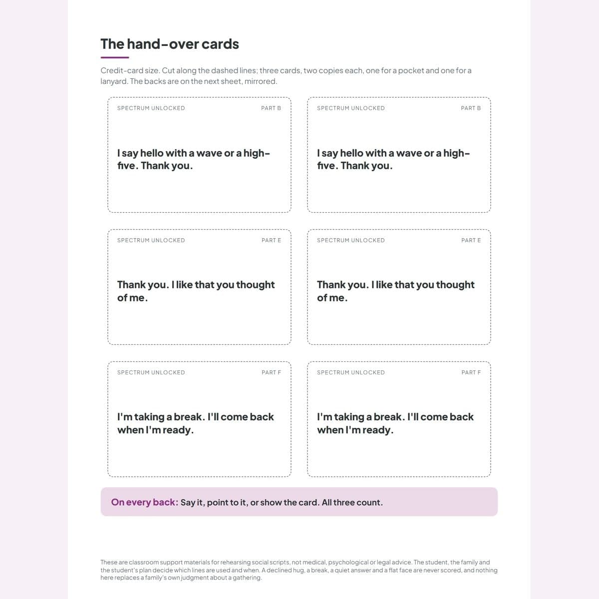 The three credit-card-size hand-over cards for the hug, the gift and the break, two copies each