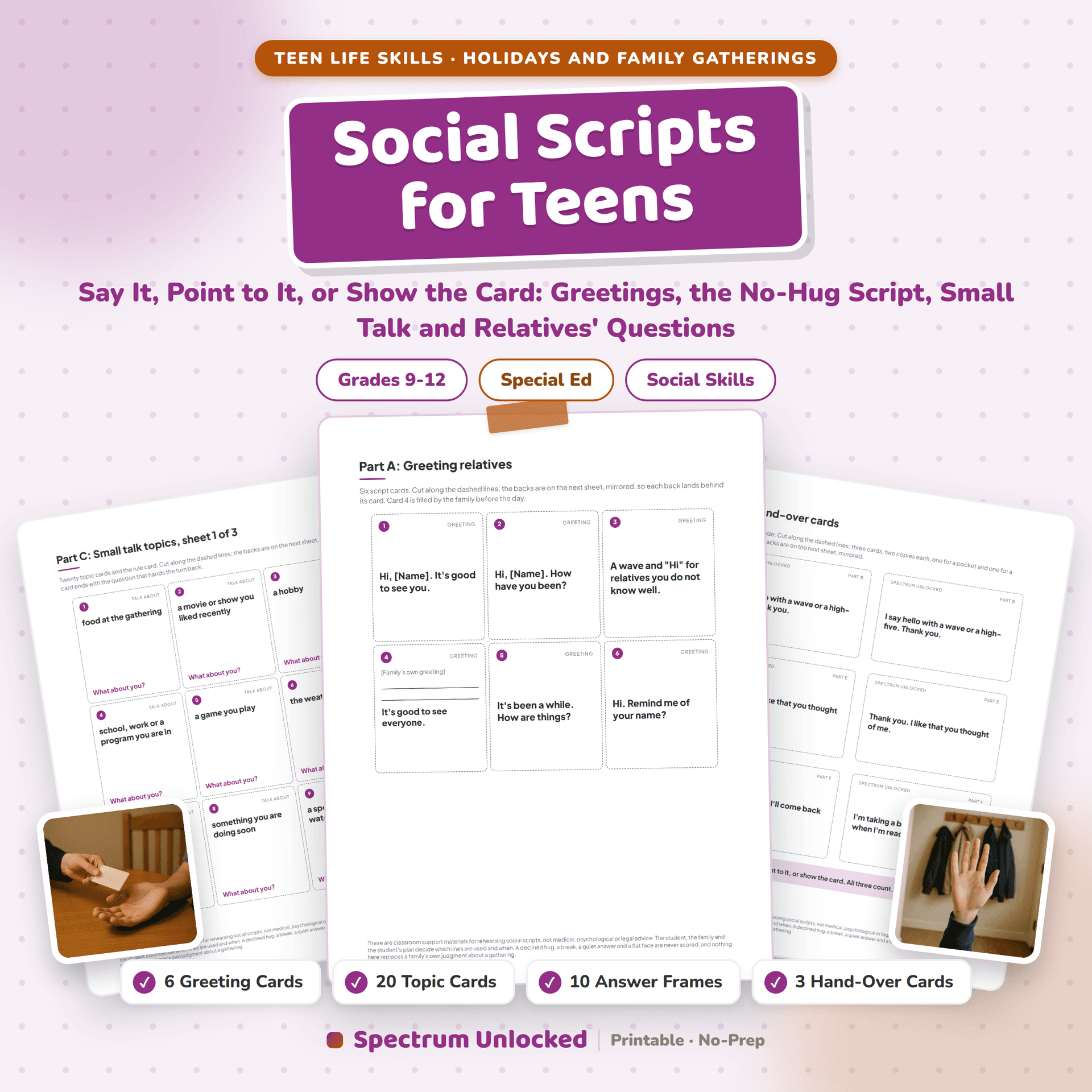 Social Scripts for Holidays and Family Gatherings cover, showing a greeting card sheet, a topic card and a hand-over card