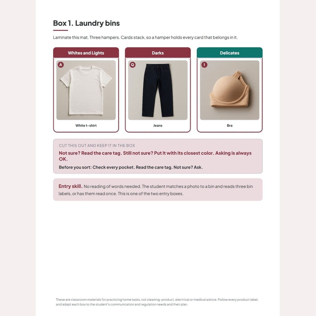 The three-pile laundry mat with photo cards of white, dark and delicate clothing placed on it