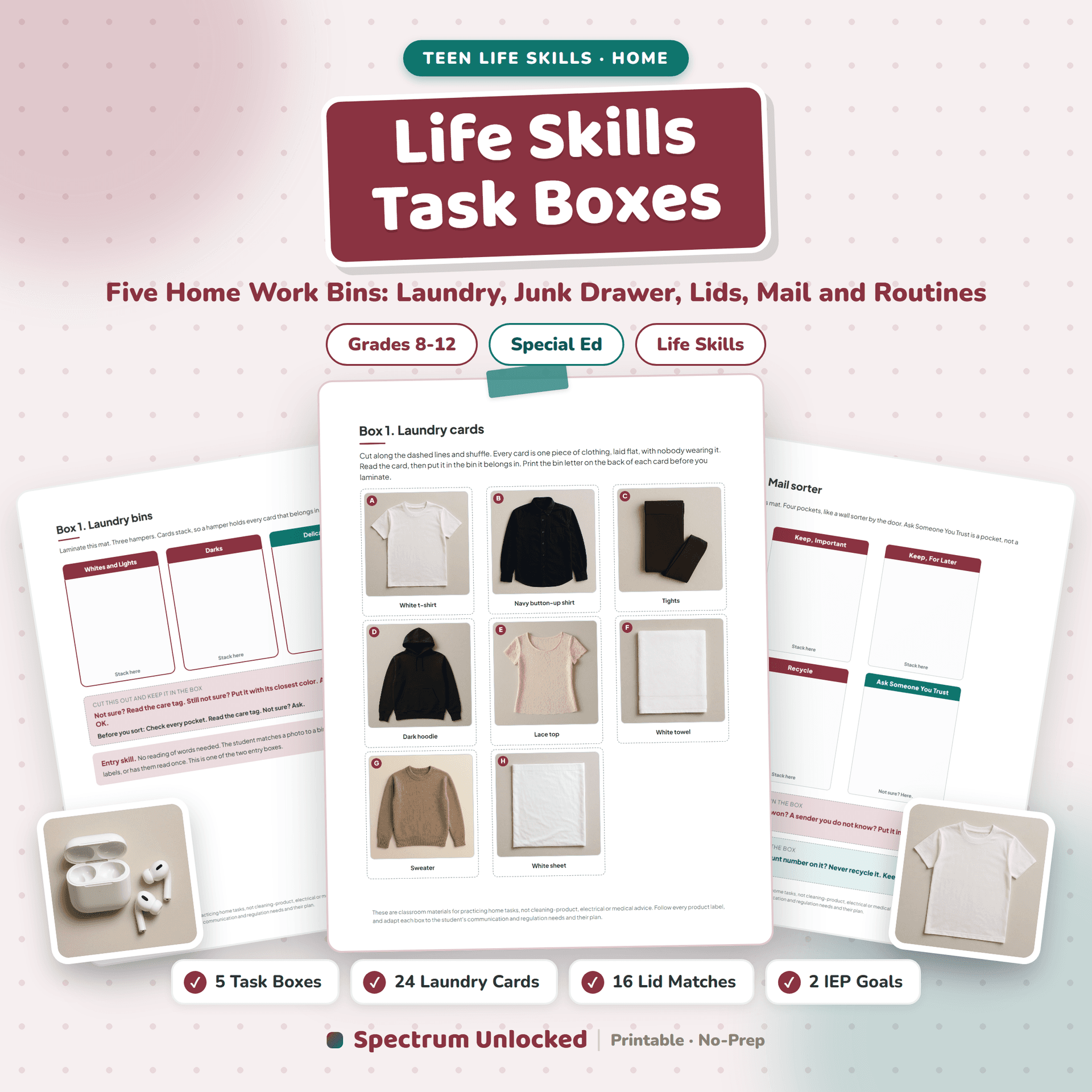 Life Skills Task Boxes cover: five home work bins for teens, laundry, junk drawer, lids, mail and home routines, sort it, match it, put it in order