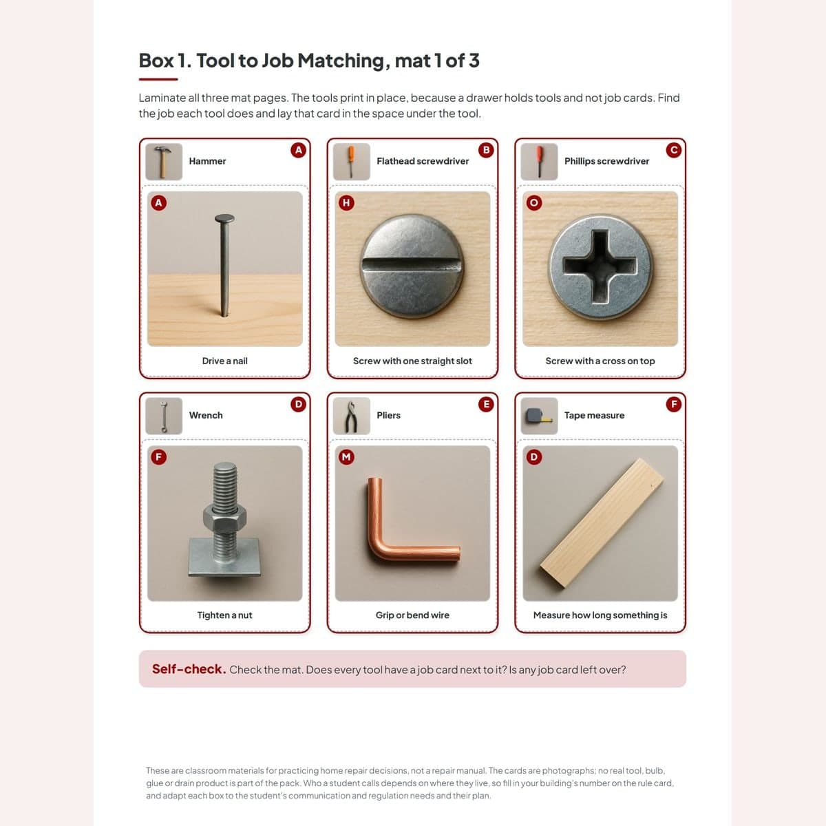 The tool-to-job mat with the tool photos printed in place and job cards laid beside them