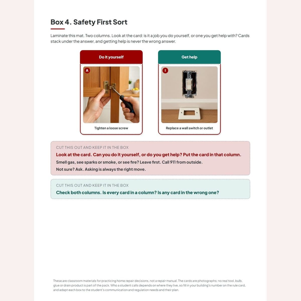 The safety first sort mat, do it yourself or get help, with photo cards sorted onto it