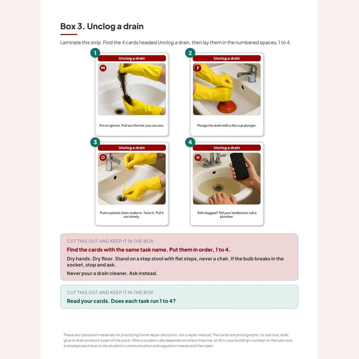 The four-step unclog-a-drain strip with its step cards laid in order, the plastic drain snake as step three