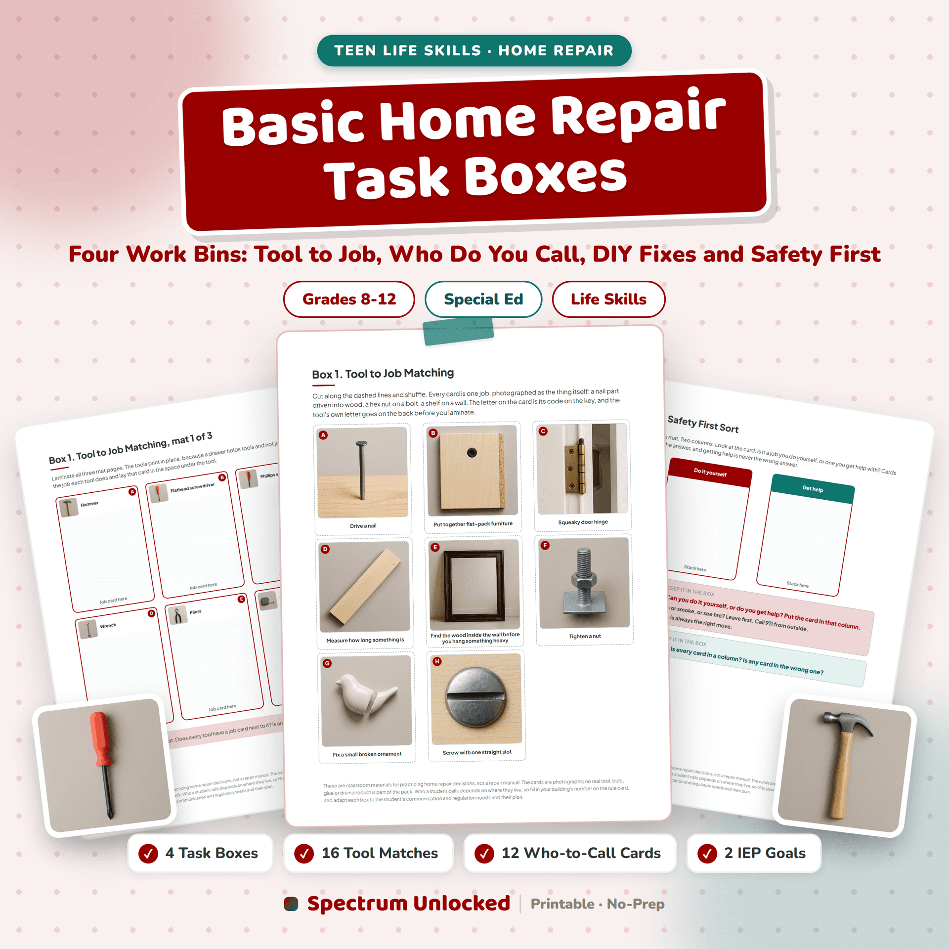 Basic Home Repair Task Boxes cover: four work bins for teens, tool to job matching, who do you call, simple DIY fixes and safety first sort