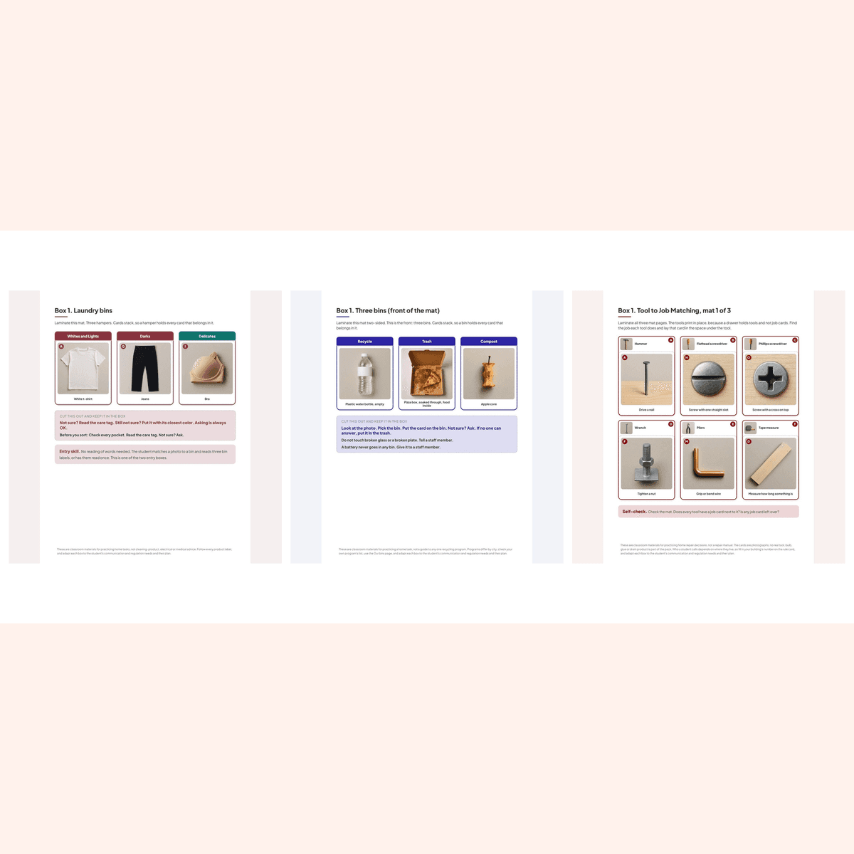 The three packs in the Home Task Boxes Bundle for Teens shown side by side: the laundry mat, the three-bin recycling mat and the tool mat, each with its cards placed