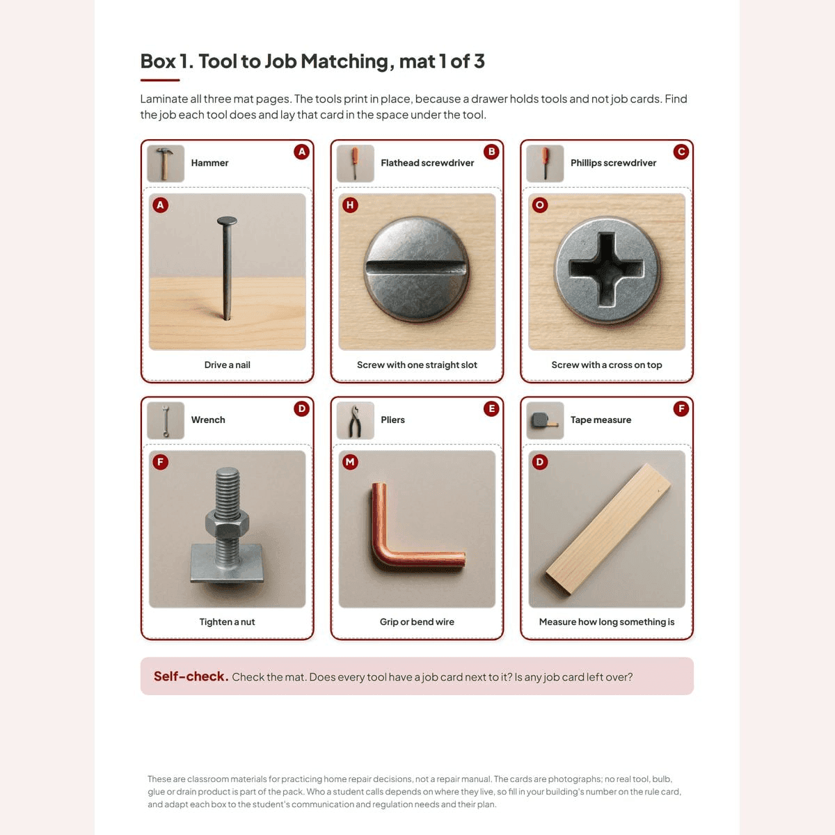 The Basic Home Repair tool mat from the bundle, with the job cards laid beside the tools that do them