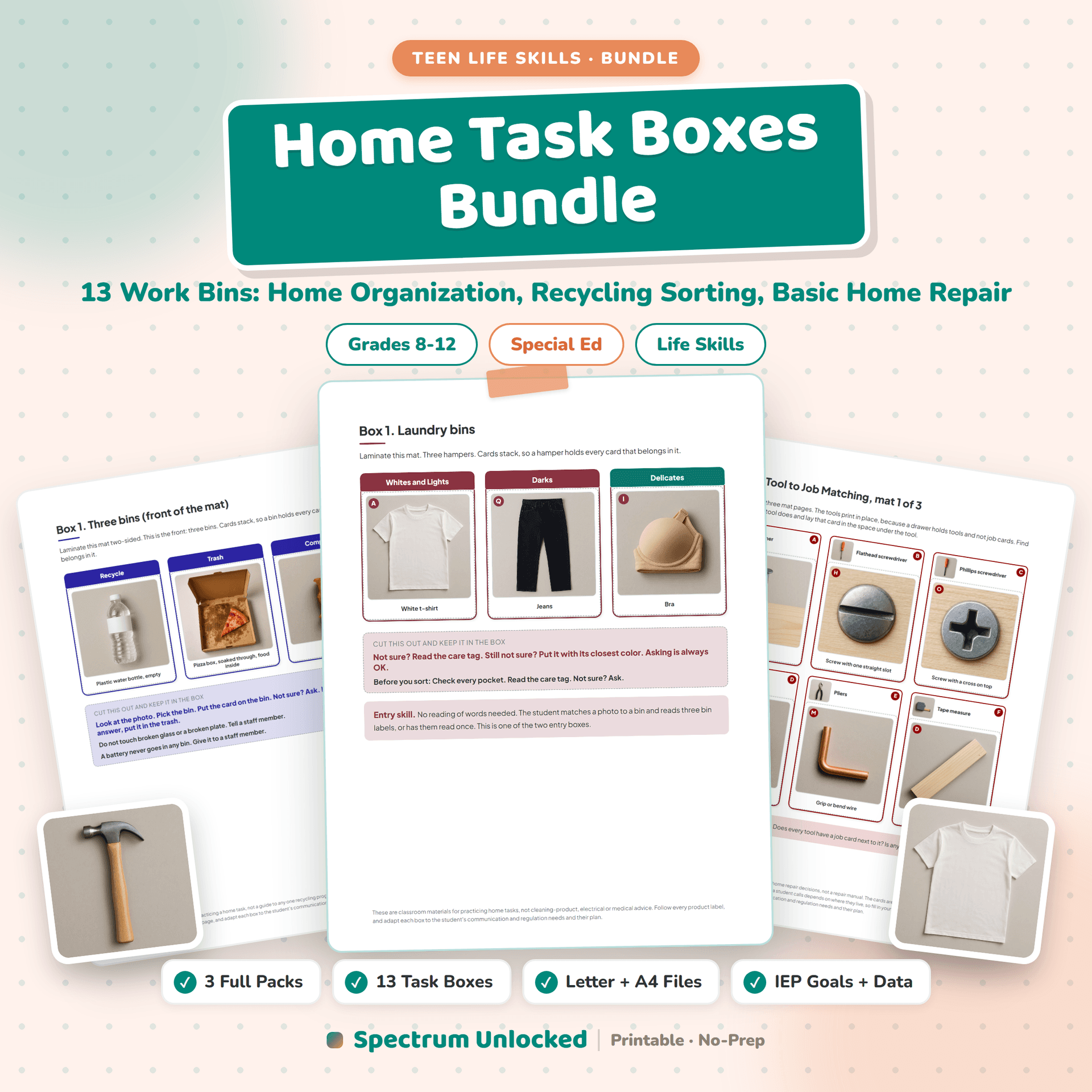 Home Task Boxes Bundle for Teens cover, showing the three packs included: home organization, recycling sorting and basic home repair