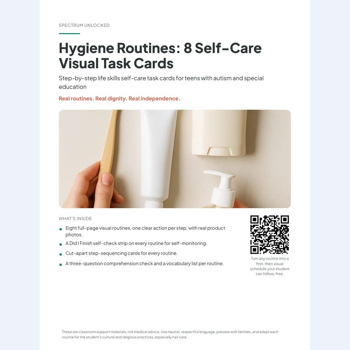 Hygiene Routines 8 Self-Care Task Cards cover with a flat lay of teen self-care supplies and the pack title