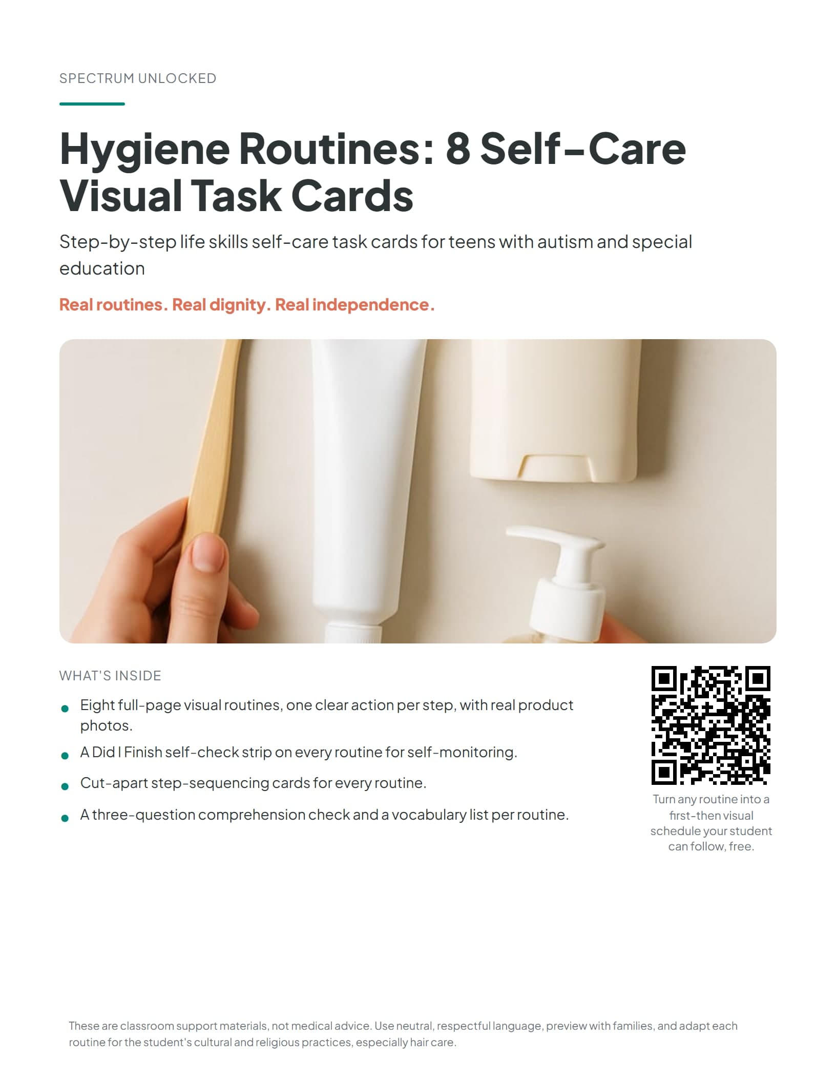 Hygiene Routines 8 Self-Care Task Cards cover with a flat lay of teen self-care supplies and the pack title