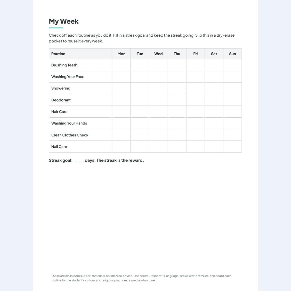A weekly self-monitoring tracker for checking off each hygiene routine across the week
