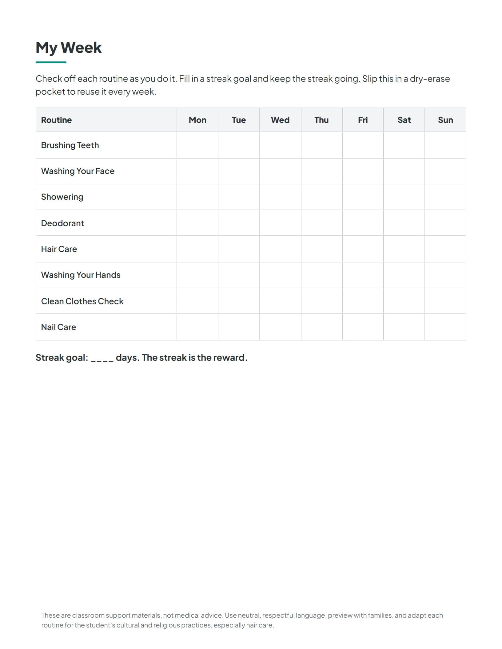 A weekly self-monitoring tracker for checking off each hygiene routine across the week