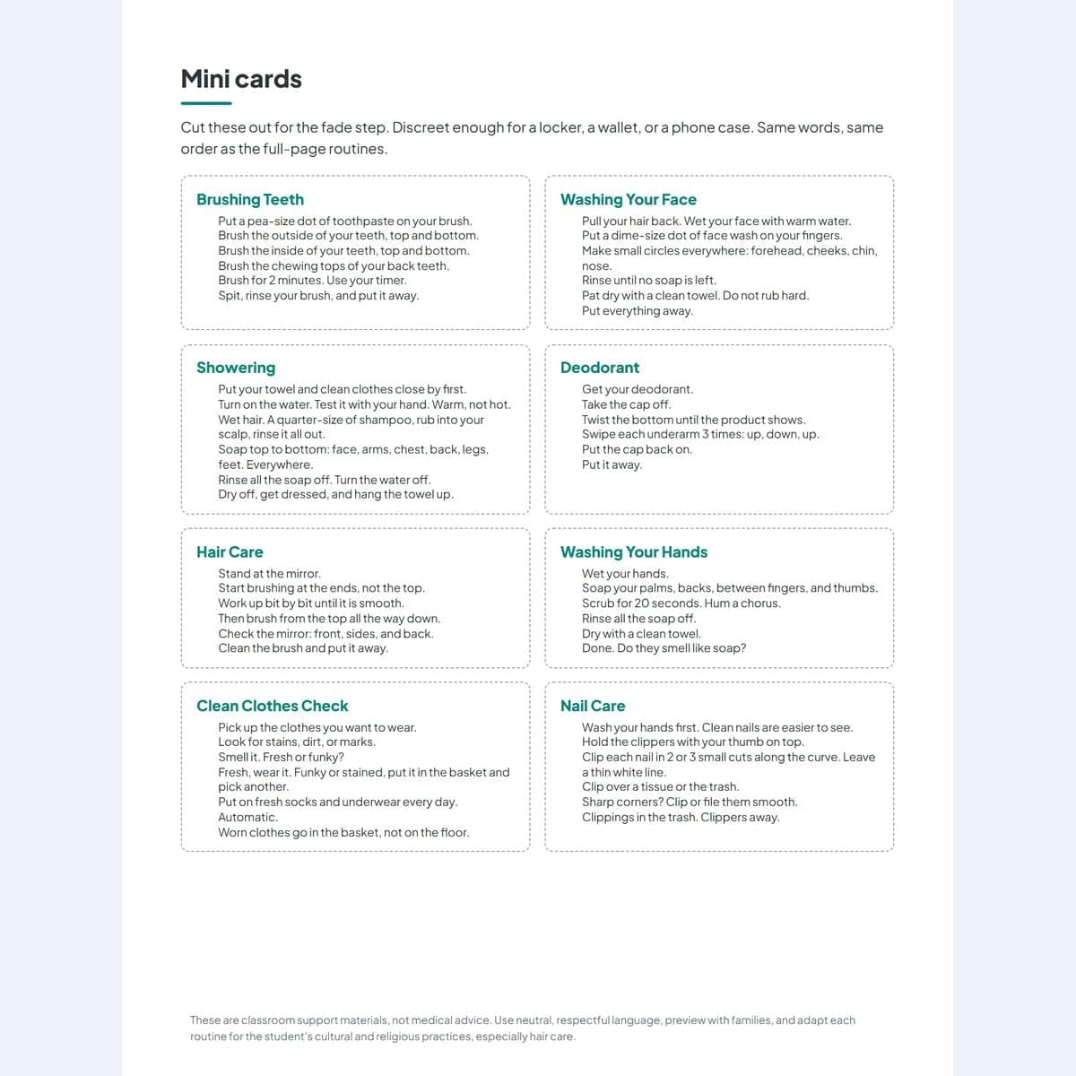 Wallet-size mini cards for the fade step, with the same words and order as the full-page routines