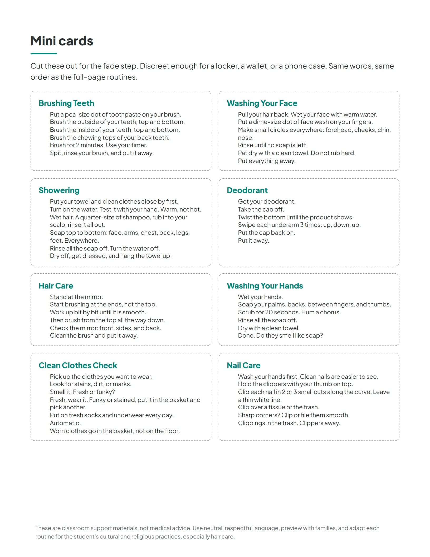 Wallet-size mini cards for the fade step, with the same words and order as the full-page routines