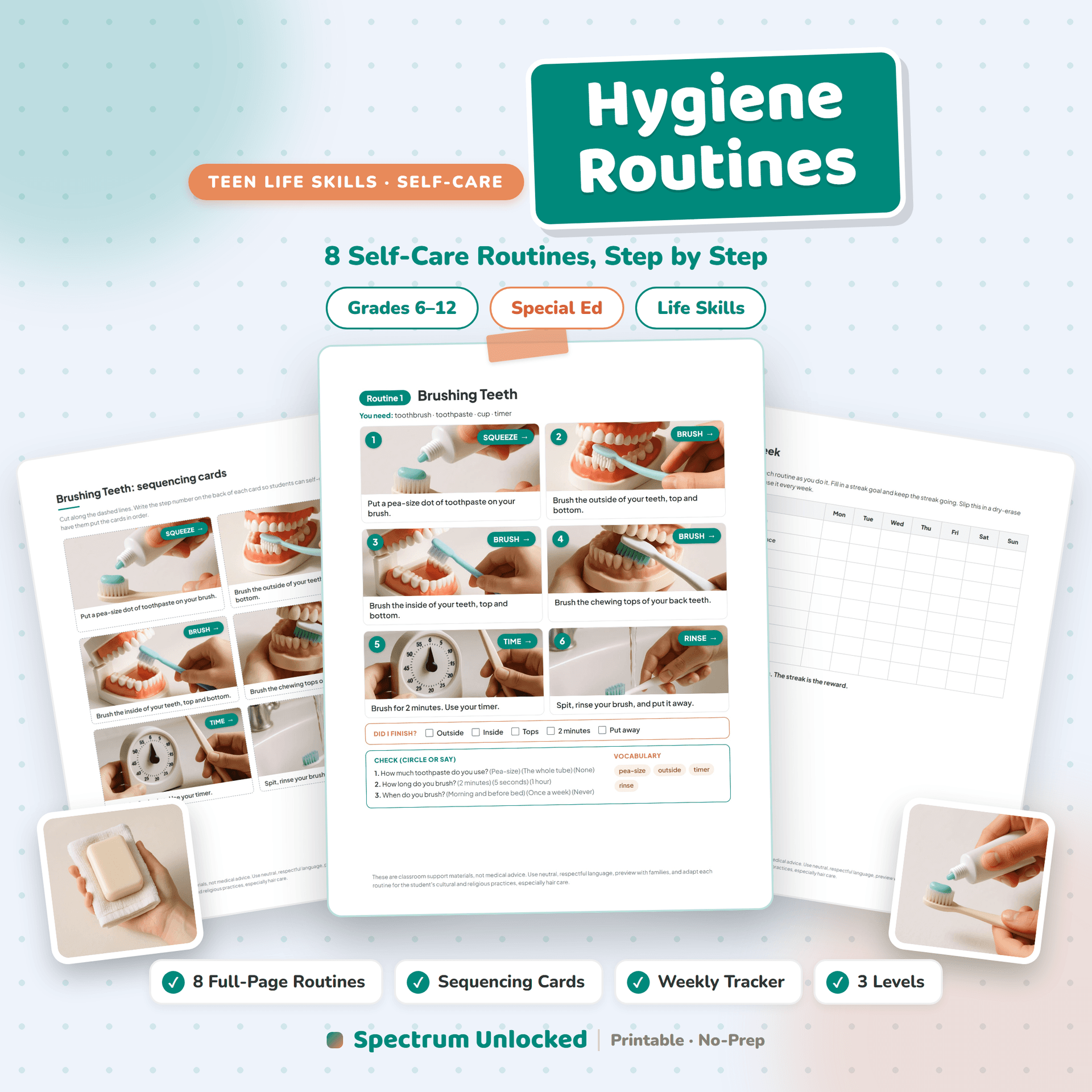 Hygiene Routines cover, eight self-care routines step by step, with sequencing cards and a weekly tracker