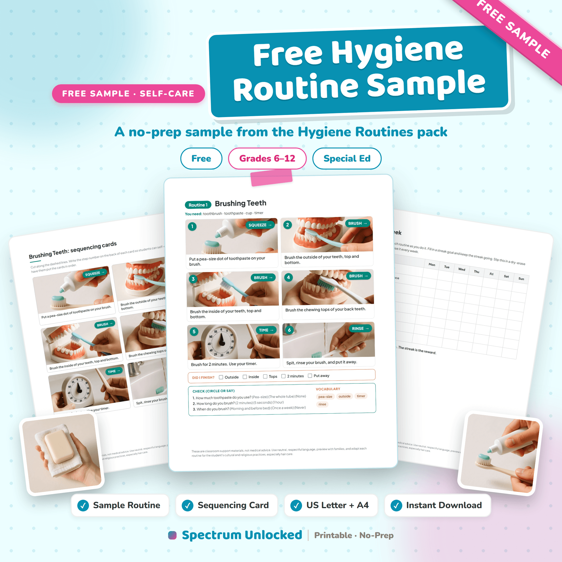 Hygiene Routines: 8 Self-Care Task Cards free sample preview