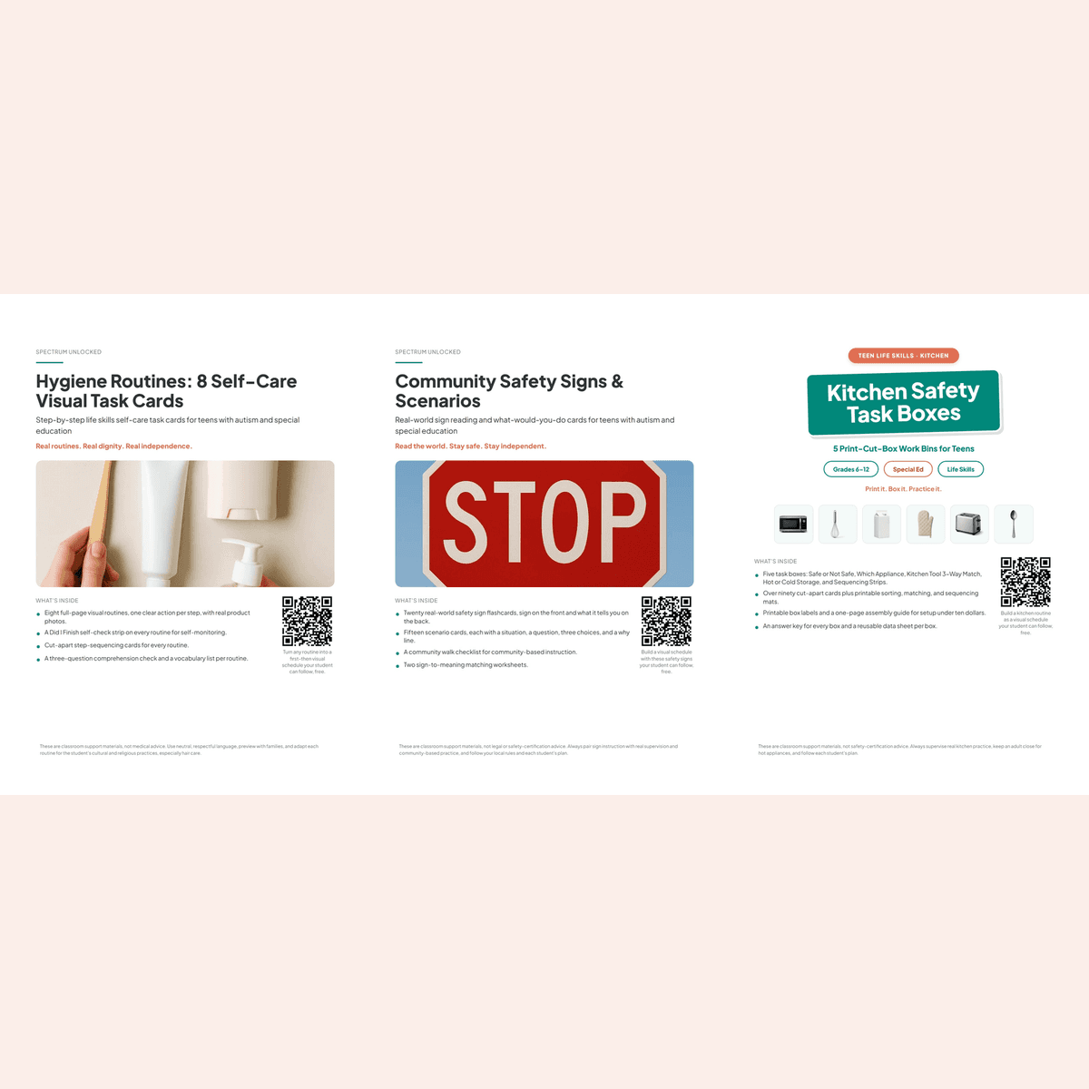 The three packs in the Hygiene and Safety Bundle for Teens shown side by side: hygiene routines, community safety signs, and kitchen safety task boxes