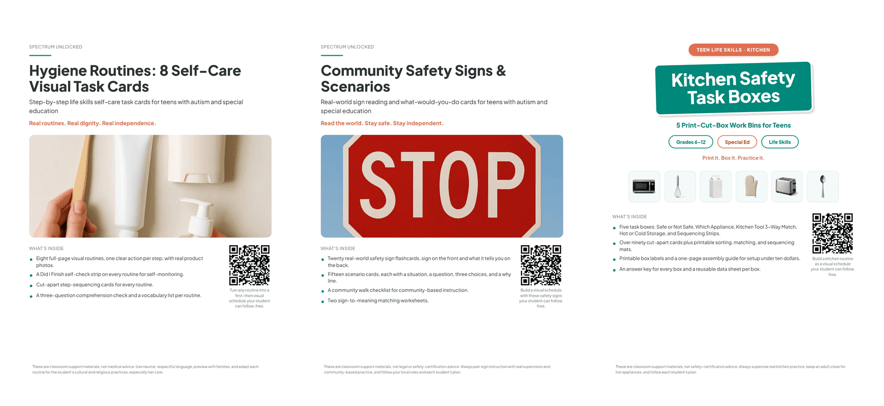 The three packs in the Hygiene and Safety Bundle for Teens shown side by side: hygiene routines, community safety signs, and kitchen safety task boxes