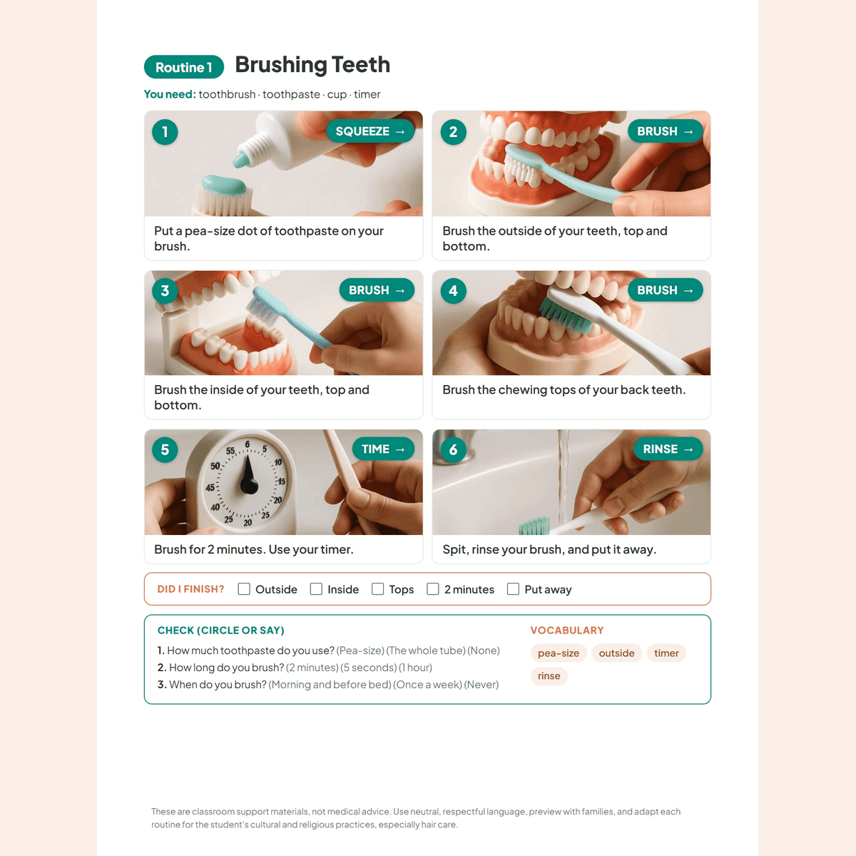 A hygiene routine visual task card from the bundle, with one clear action per step and a real product photo