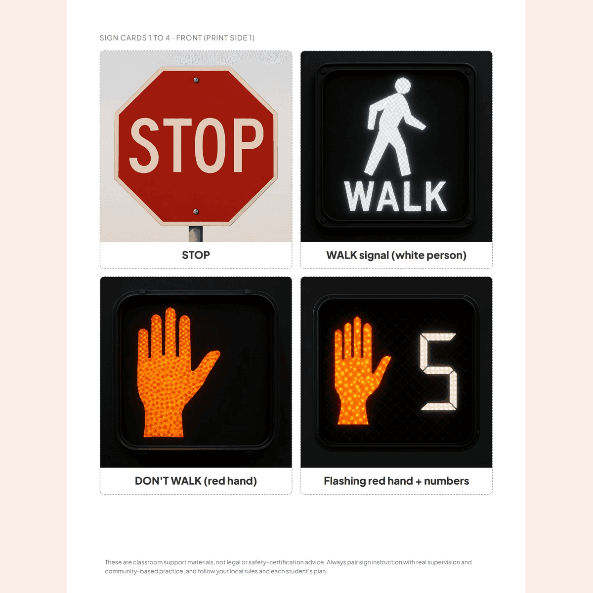 A community safety sign flashcard from the bundle, with the sign on the front and what it tells you on the back
