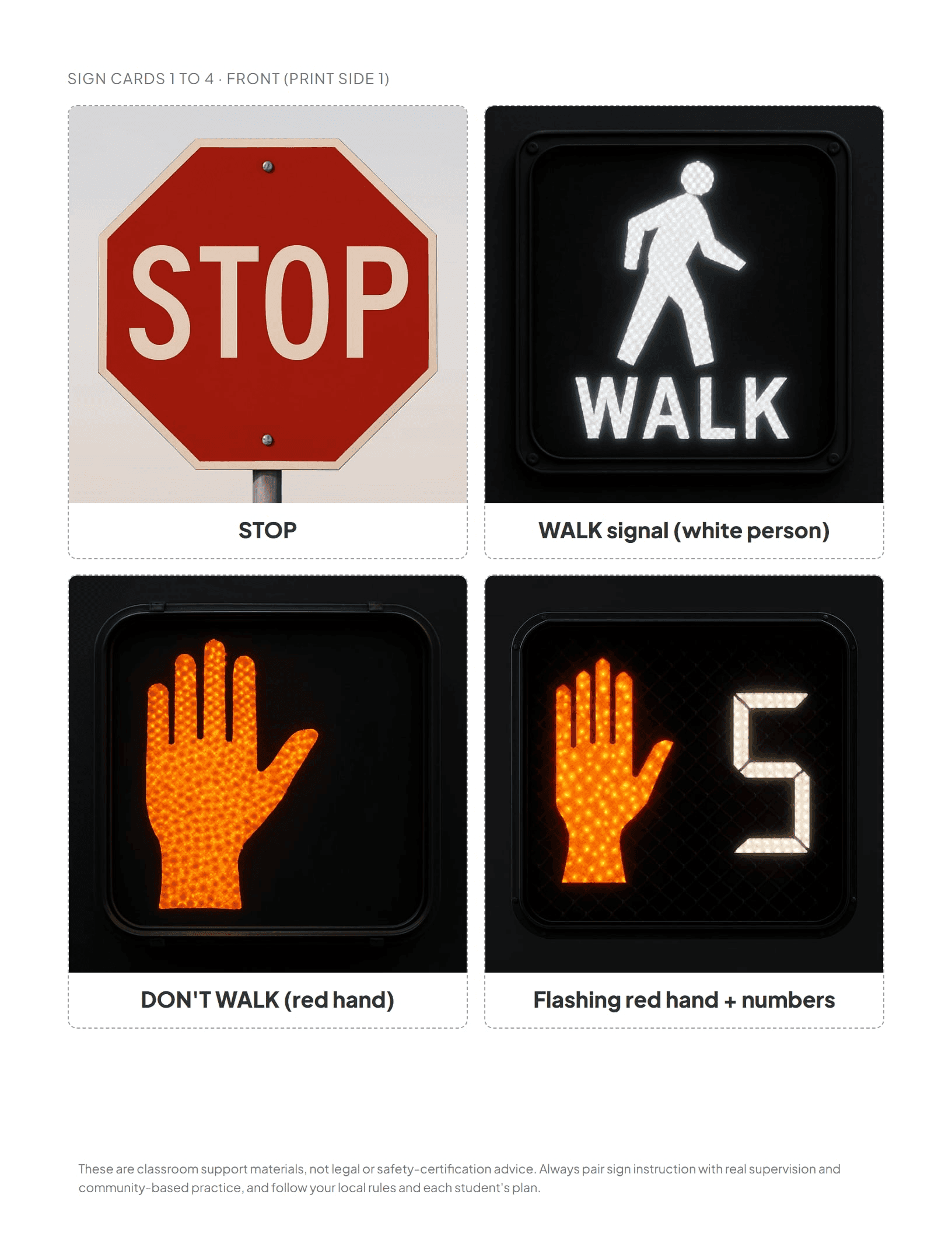 A community safety sign flashcard from the bundle, with the sign on the front and what it tells you on the back