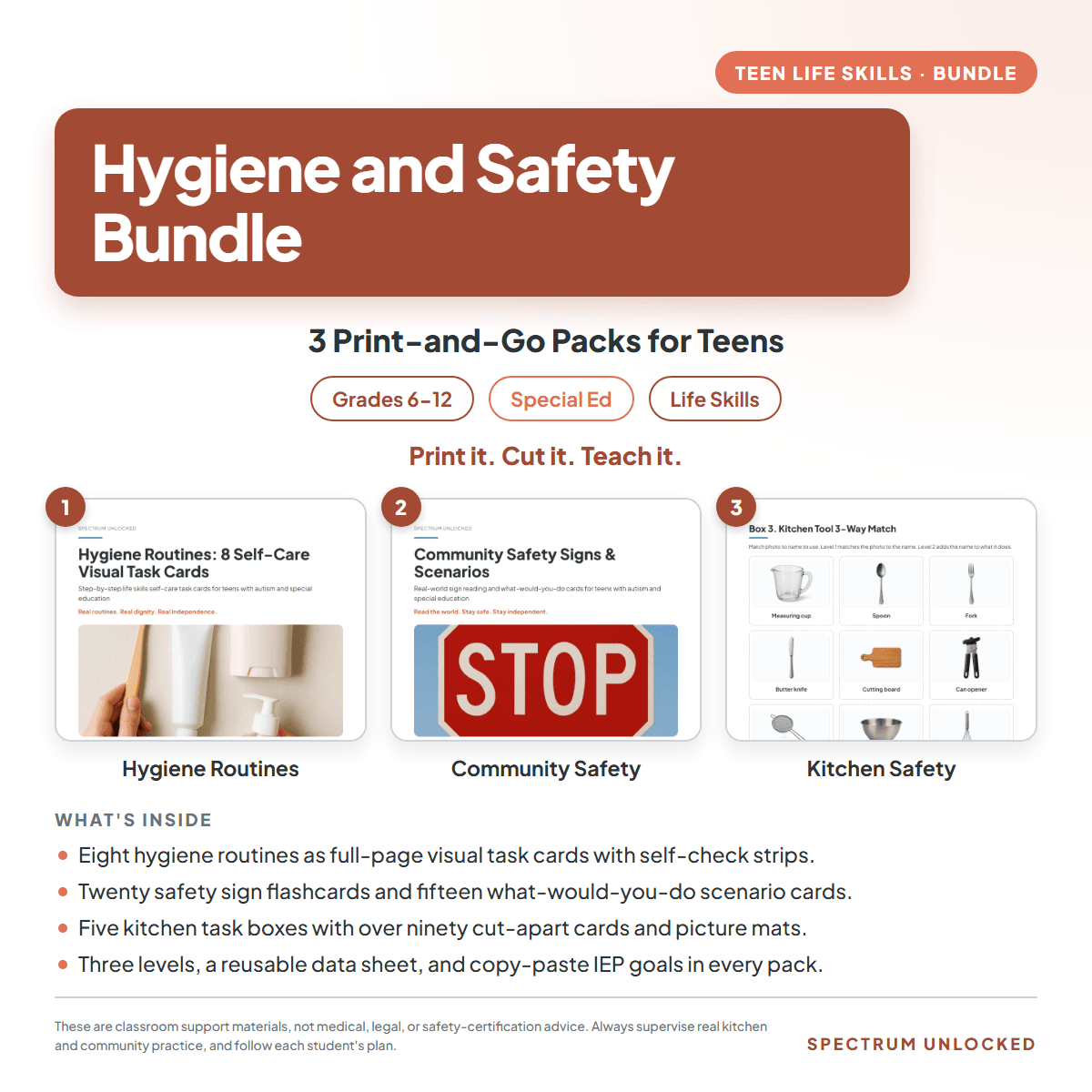 Hygiene and Safety Bundle for Teens cover, showing the three packs included: hygiene routines, community safety signs, and kitchen safety task boxes