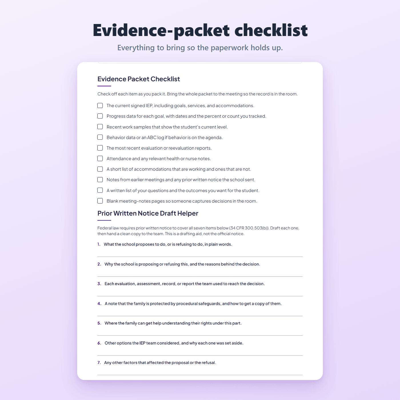 IEP evidence-packet checklist of the documentation to bring so the paperwork holds up in the meeting