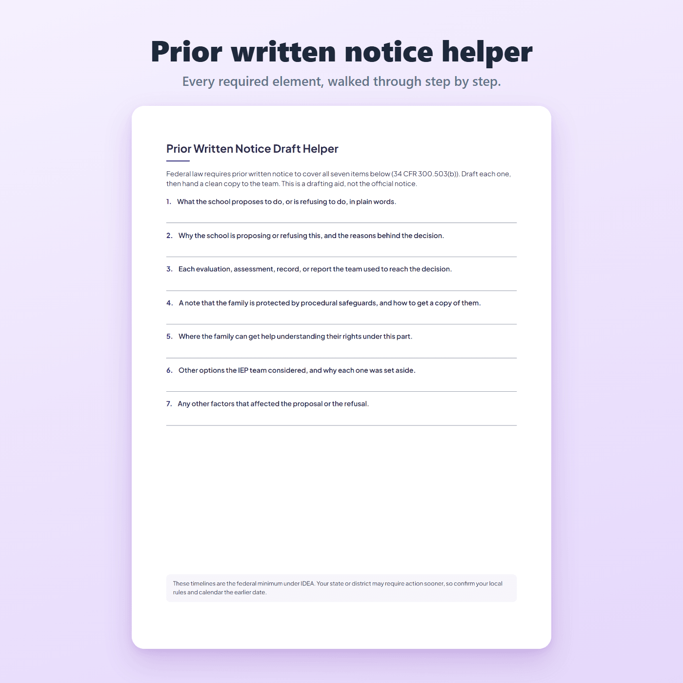 Prior written notice draft helper walking through each required element of a PWN