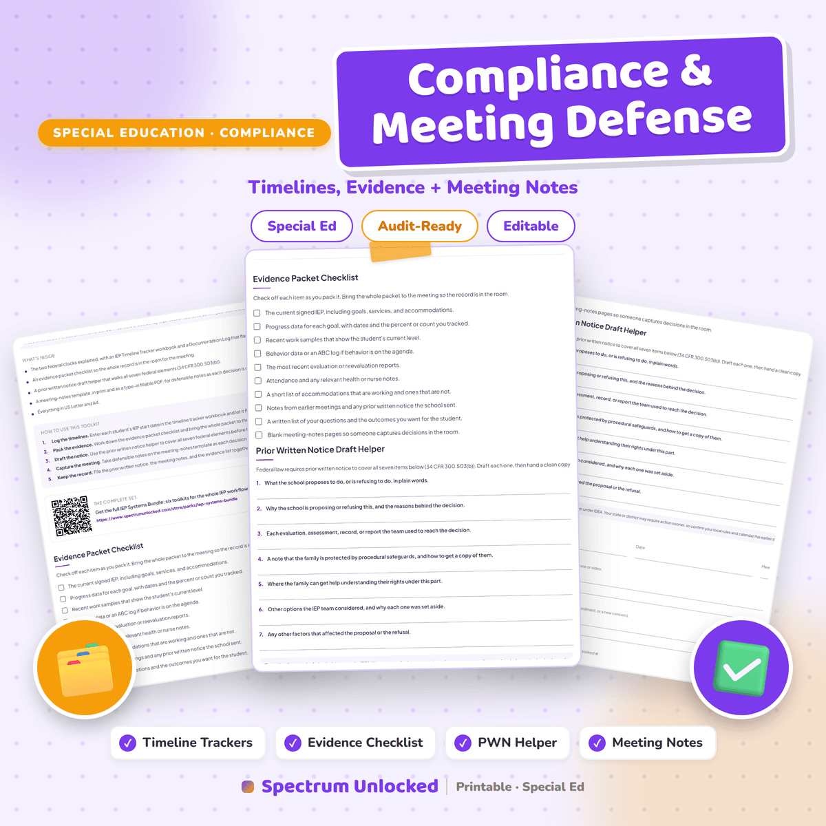 IEP Compliance and Meeting Defense cover, timelines, evidence and meeting notes, with a timeline tracker, evidence checklist and PWN helper