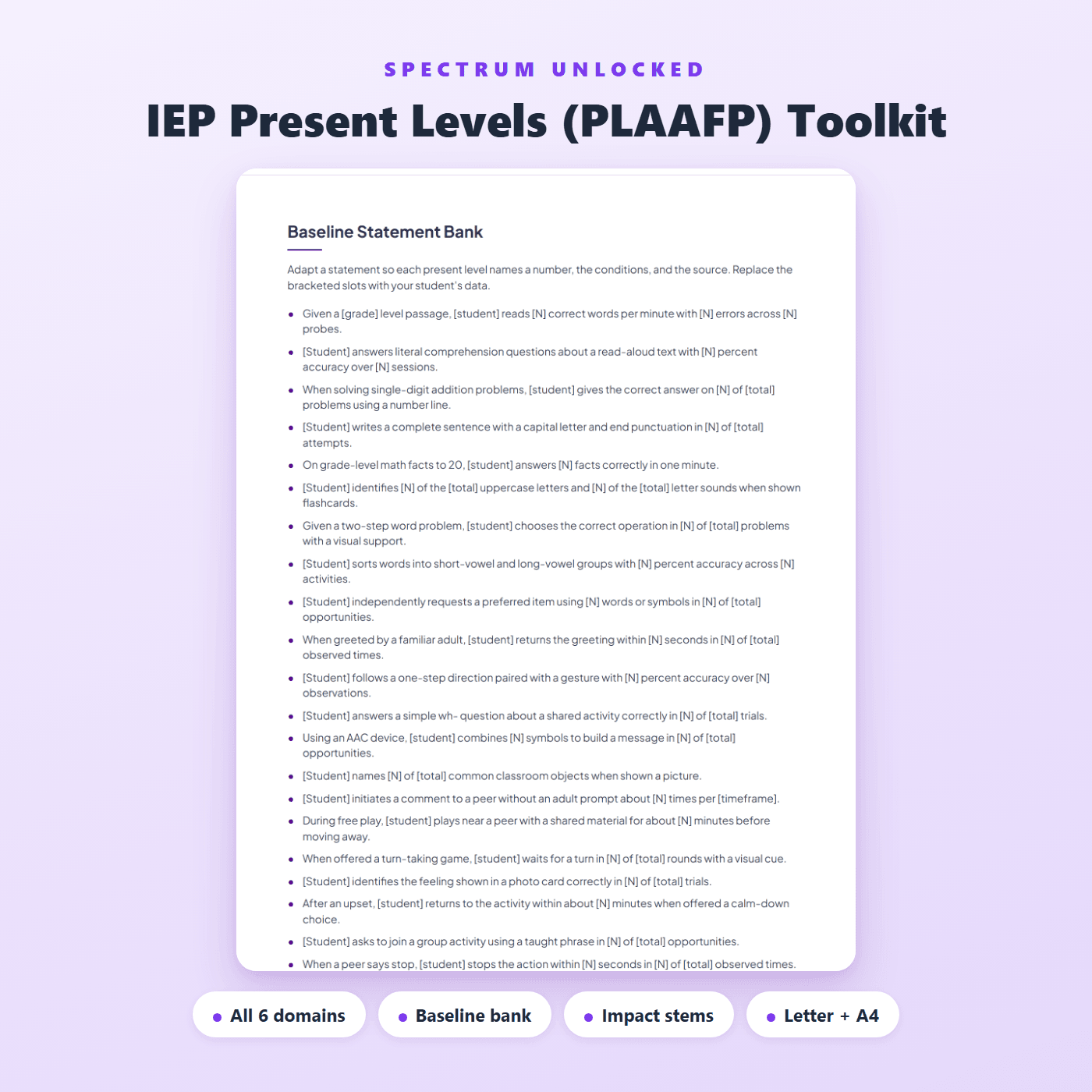 IEP Present Levels PLAAFP Toolkit baseline statement bank, a list of measurable present-level statements with bracketed slots to adapt for a student