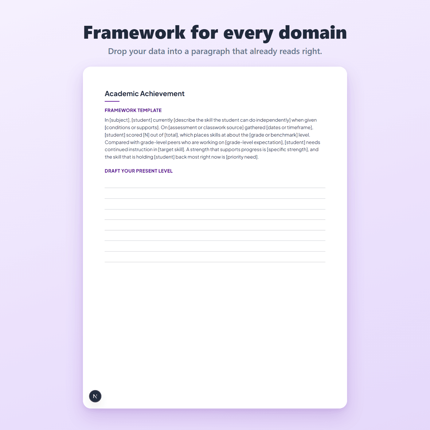 PLAAFP framework template for academic achievement, a ready-to-adapt present-levels paragraph with bracketed slots and lines to draft on