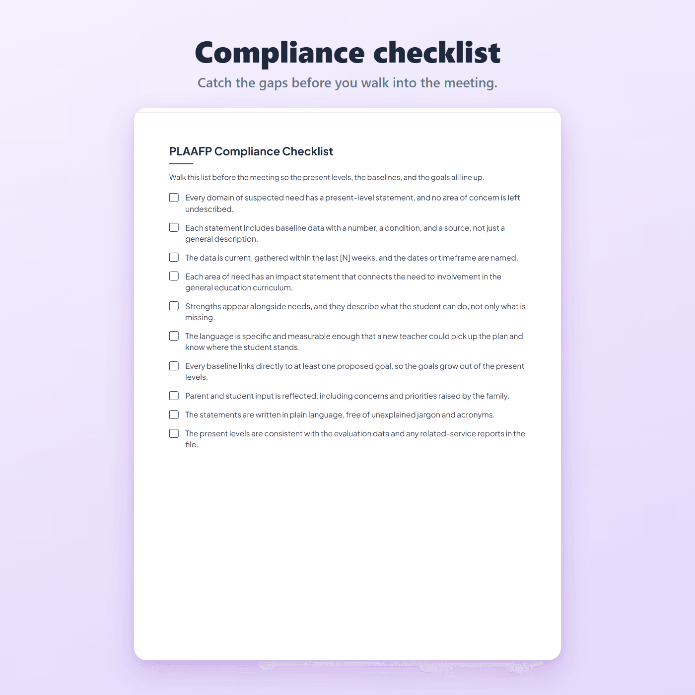 PLAAFP compliance checklist page to catch gaps in the present levels before the IEP meeting